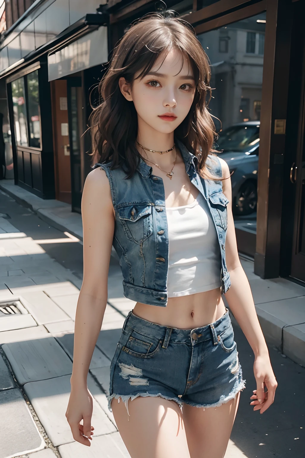 ((medium chest, tomboy, small head)), (well-defined abs: 1.1), (perfect body: 1.1), (short wavy hair: 1.2), russet hair, collar, chain, full body photo, crowded streets, wearing black vest, denim jacket, ((shorts)), (extremely detailed CG 8k wallpaper), (extremely delicate and beautiful), (masterpiece), (best quality: 1.0), (super high resolution: 1.0), beautiful lighting, perfect lightning, realistic shadows, [high resolution ], delicate skin, ultra-detailed ((colorful)))