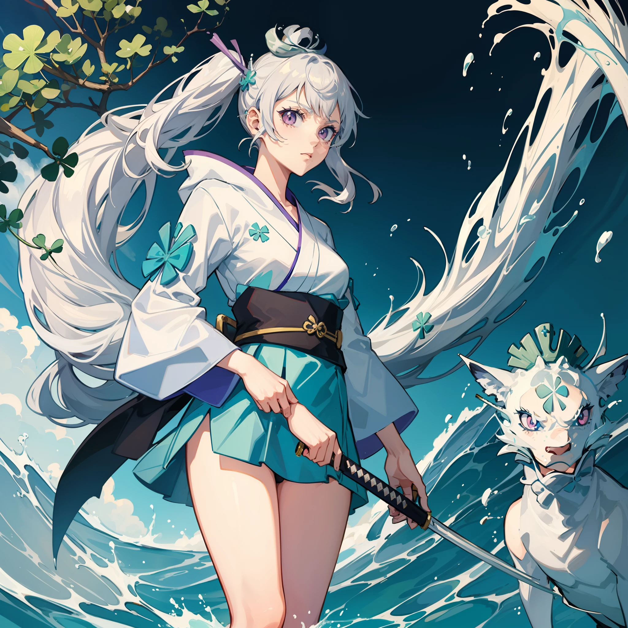 1 girl, White short Kimono with three clover design, Katana on the waist, Water dragon in the back, Long wavy sliver hair