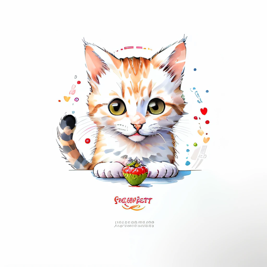 There is a cat that is sitting on a plate with a strawberry - SeaArt AI