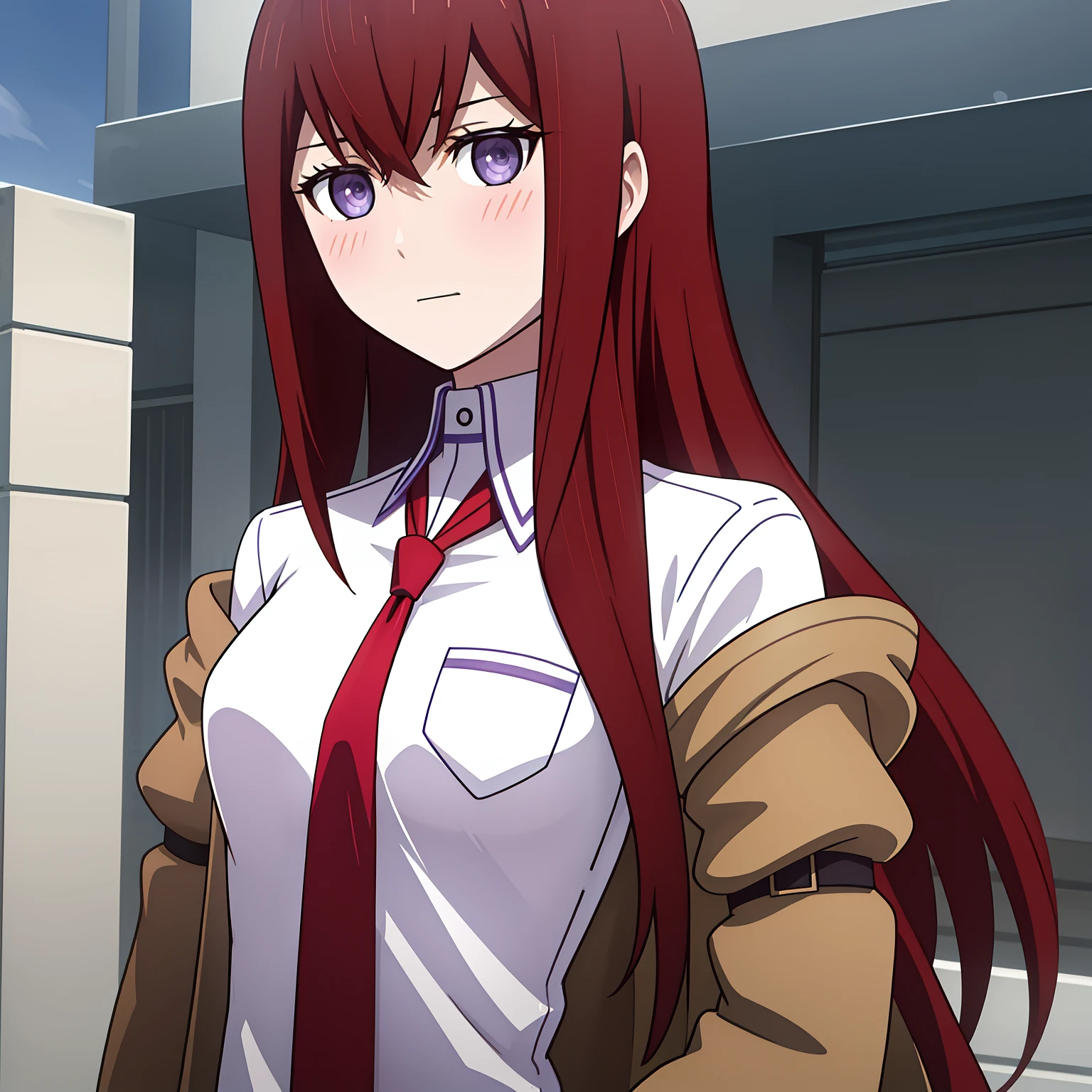 ((masterpiece,best quality,ultra detailed,8k)),brown_hair,collared_shirt,jacket,long_sleeves,makise_kurisu,standing,red_necktie,solo,1girl,white_shirt,perfect face,red_hair,purple_eyes,((blush)),upper body,(close_mouth)