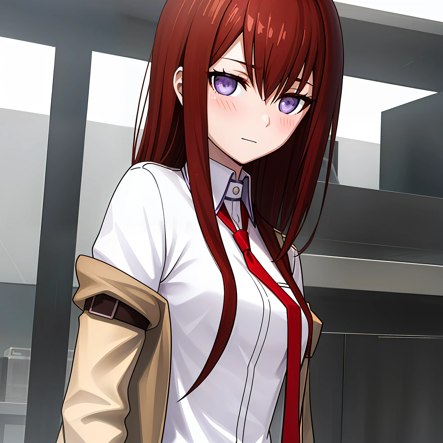 ((masterpiece,best quality,ultra detailed,8k)),brown_hair,collared_shirt,jacket,long_sleeves,makise_kurisu,standing,red_necktie,solo,1girl,white_shirt,perfect face,red_hair,purple_eyes,((blush)),upper body,(close_mouth)