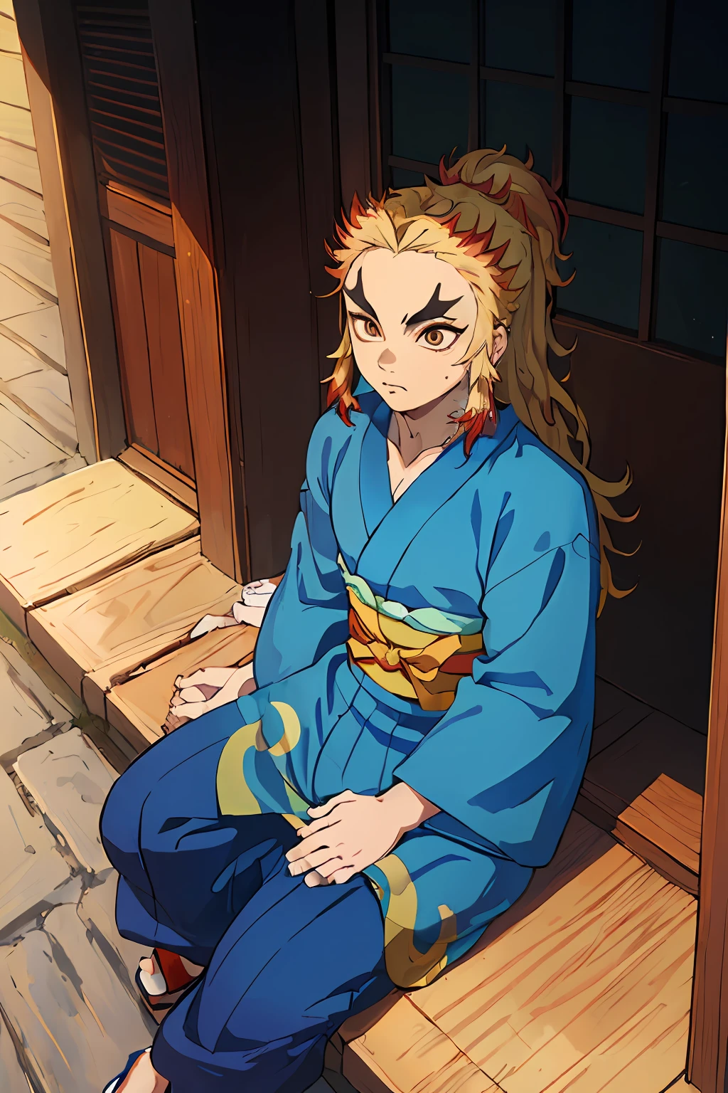 (Masterpiece, Best Quality:1.2), Cowboy shot, 独奏, male focus, 1 adult boy, Rengoku Kyojuro, sadness on the face, looking a viewer,  Long hair, high ponytail, Split eyebrows, (((alternate costume))), (((Blue kimono))), Open clavicle, (in the lotus position)), (((Sitting on the porch))), ((looking up at the sky)), ((sadness on the face)), (((Sundown)))