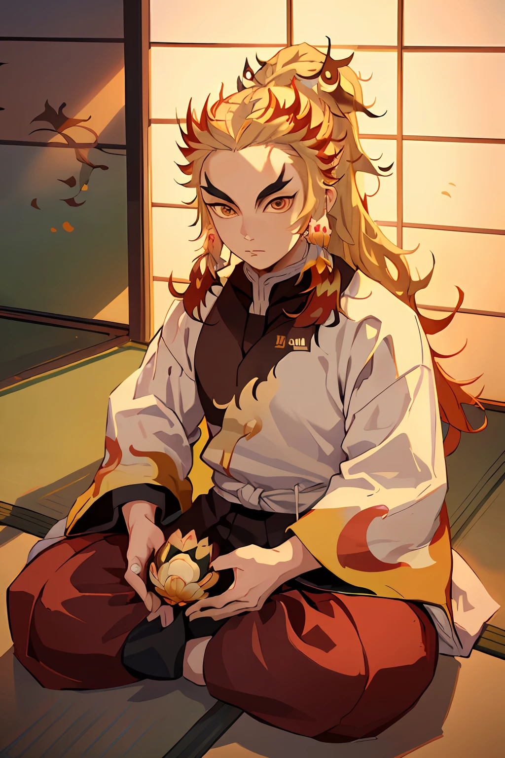 (Masterpiece, Best Quality:1.2), Cowboy shot, 独奏, male focus, 1 adult boy, Rengoku Kyojuro, sadness on the face, looking a viewer,  Long hair, high ponytail, Split eyebrows, (((Onmyoji clothing))), (((sitting in the lotus position))), ((on the tatami)), Indoors