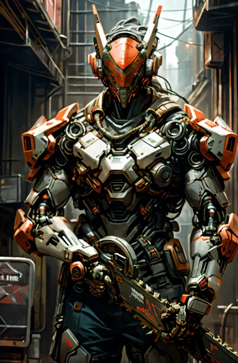 There is a man in a sci-fi suit holding a chainsaw, portrait of rung, Mecha suit, ultra detailed game art, epic sci-fi character art, epic scifi character art, bionic scifi alexandre ferra, painterly humanoid mecha, Alexander Ferra Mecha, inspired by Marek...