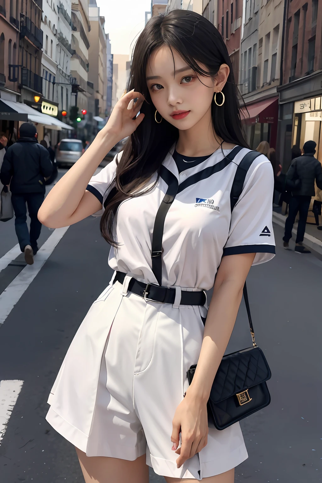 best qualtiy，tmasterpiece，超高分辨率，（realisticlying：1.4），RAW photogr，（Evening street），1个Giant Breast Girl，黑The eye，long whitr hair，Light makeup，cparted lips，tiny ears，Baseball uniforms，ear studs，cross-body bags，Beautiful Women with Perfect Figure:1.4, （exteriors，beachside：1.1），the city street，Ultra-fine face，Fine eyes，二重まぶた