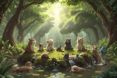 Within this idyllic setting, Um grupo de animais encontra seu lar.  Each living being is like a single note in a charming melody...