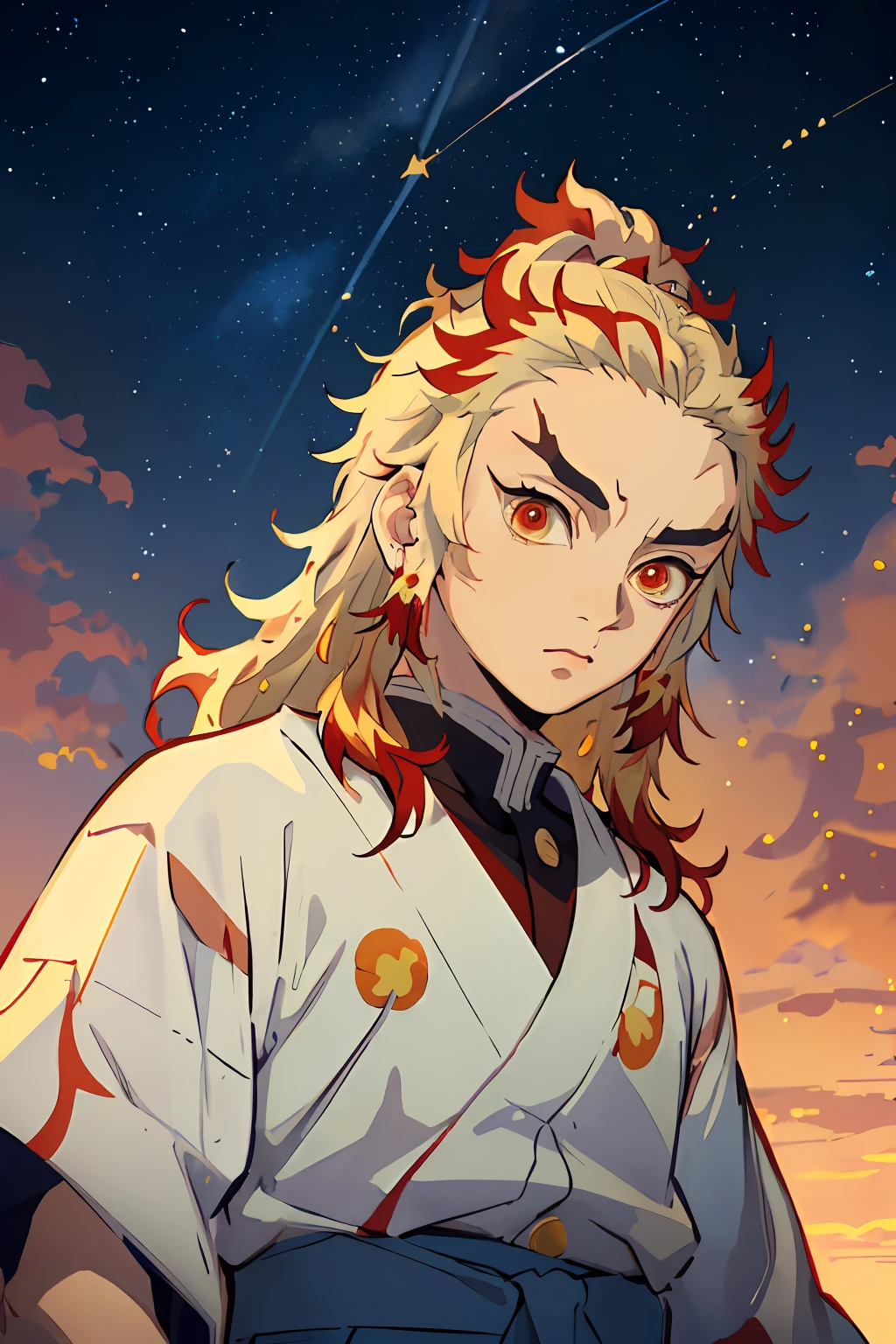 (Masterpiece, Best Quality:1.2), Cowboy shot, 独奏, male focus, 1 adult boy, Rengoku Kyojuro, sadness on the face, looking a viewer,  Long hair, high ponytail, Split eyebrows, white kimono with red print, full length, looking up at the sky, (((Starry sky))), flower field