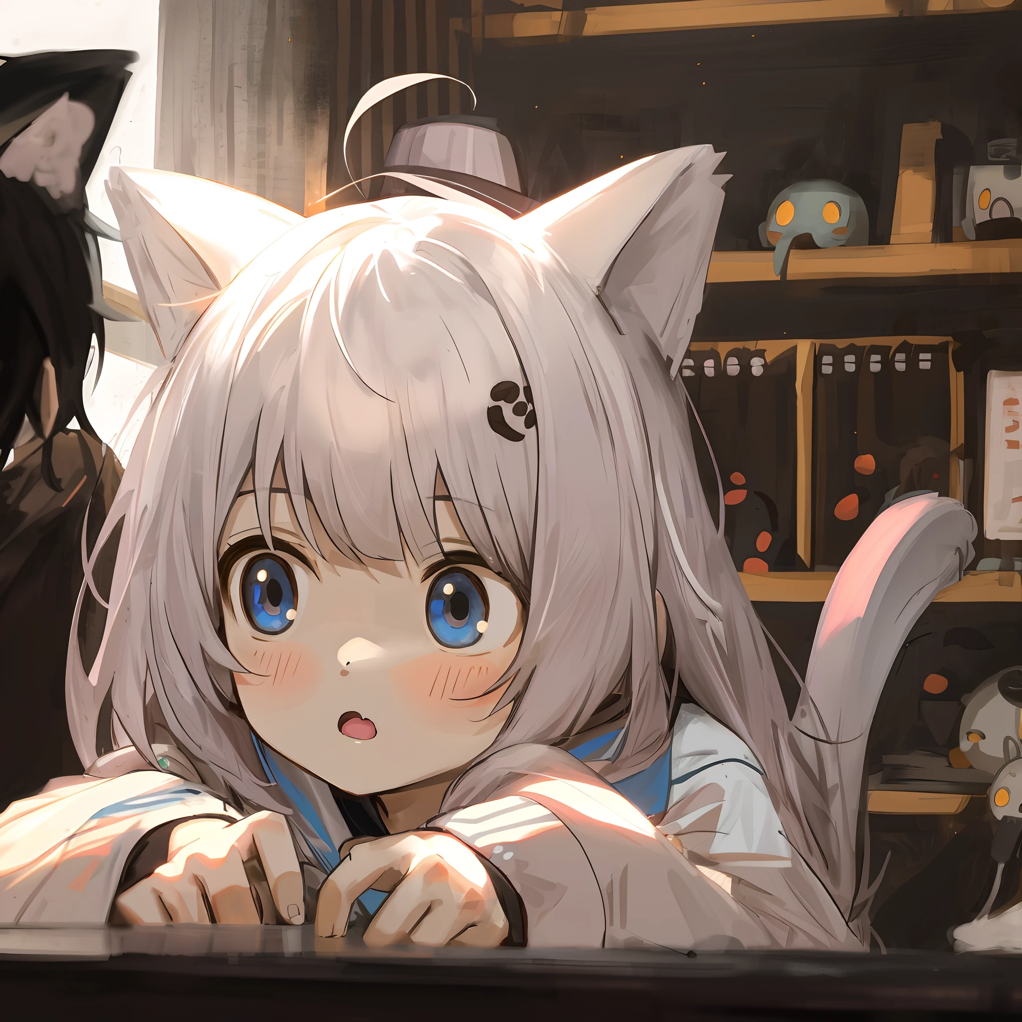 Anime characters sitting in front of a computer screen with a cat - SeaArt  AI