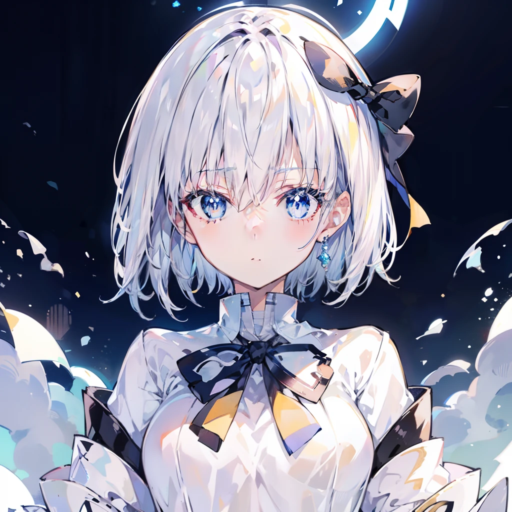 Relatively relaxed background，Short hair that reaches the neck in creamy white，Blue pupils，Two semi-circular collars with yellow edges and milky breaths，Wear the magical school student uniform that matches white and blue，She is a beautiful anime high school girl,  anime style like fate/stay night, clean and meticulous anime style