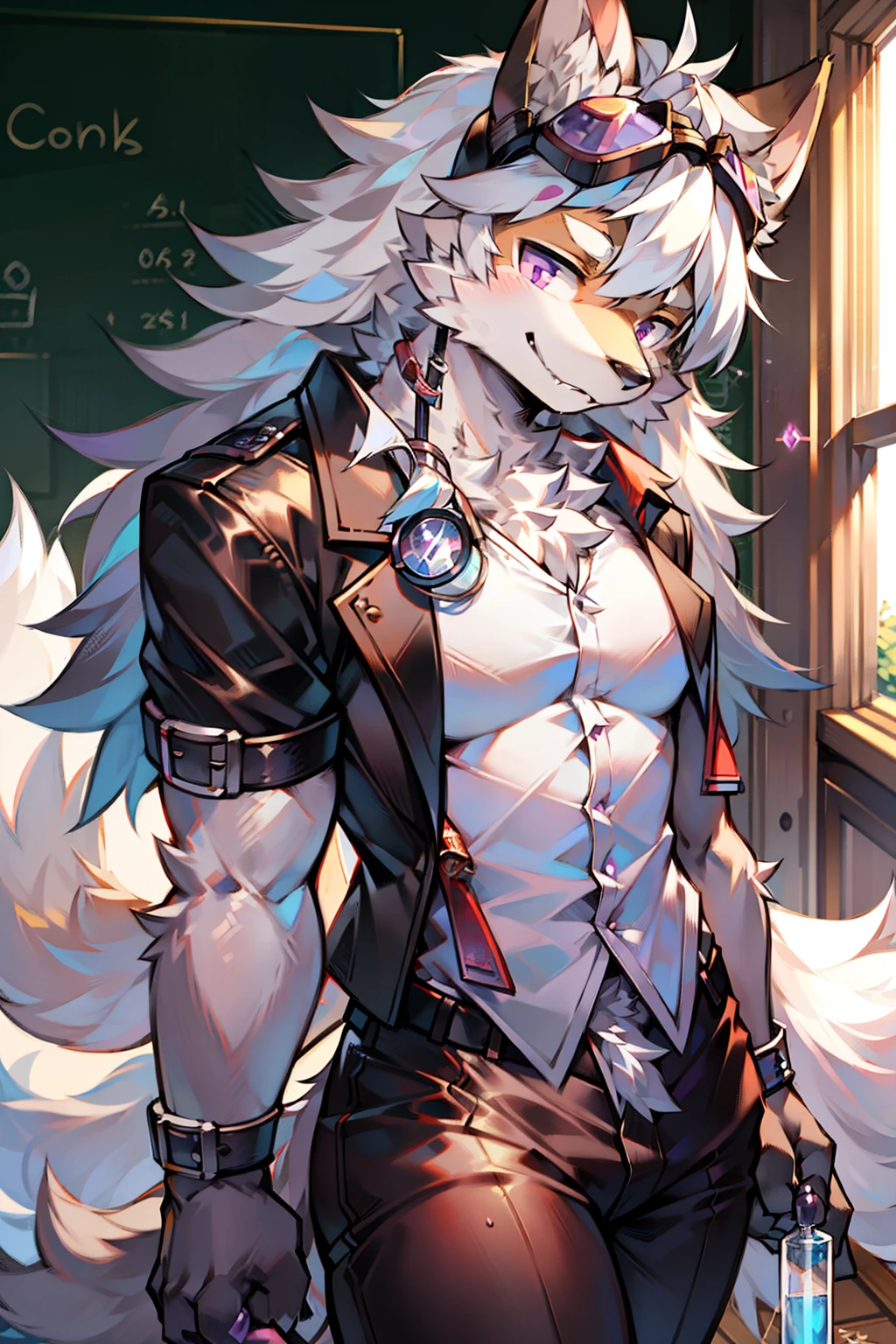 solo person，shaggy male，hairy bodies，shoun，coyote，canid，Gray fur，long white  hair，The ends of the hair are purple，Purple  eye，Bullied，adolable，Handsome，large tail，full bodyesbian，school ground，at  class room，is a male chemistry teacher ...