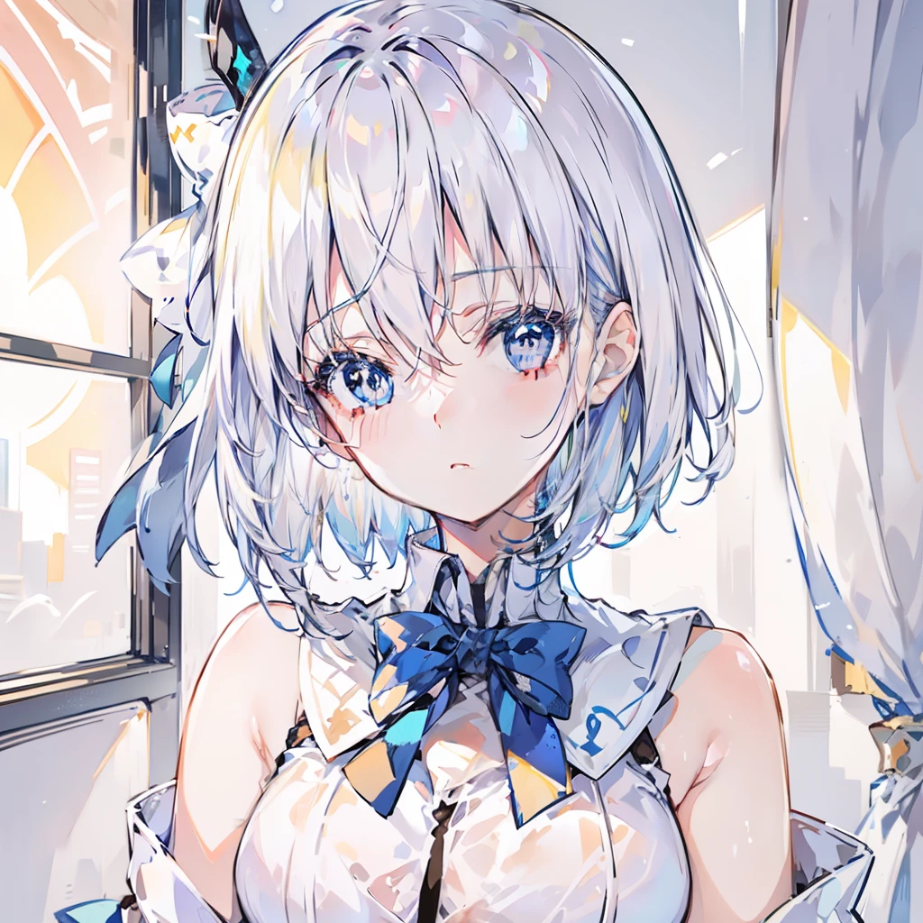 Relatively relaxed background，Short hair that reaches the neck in creamy white，Blue pupils，Two semi-circular collars with yellow edges and milky breaths，Wear the magical school student uniform that matches white and blue，She is a beautiful anime high school girl,  anime style like fate/stay night, clean and meticulous anime style