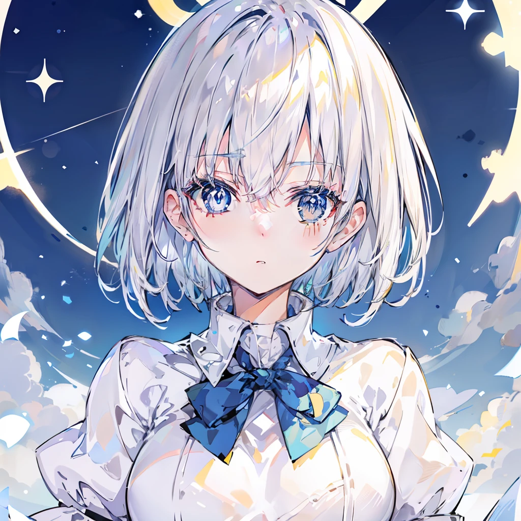 Relatively relaxed background，Short hair that reaches the neck in creamy white，Blue pupils，Two semi-circular collars with yellow edges and milky breaths，Wear the magical school student uniform that matches white and blue，She is a beautiful anime high school girl,  anime style like fate/stay night, clean and meticulous anime style