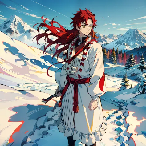 the anime, (best quality), 1 adult guy, stands still, (wide body), (at the foot of the mountain), ((disheveled red hair)), (medi...