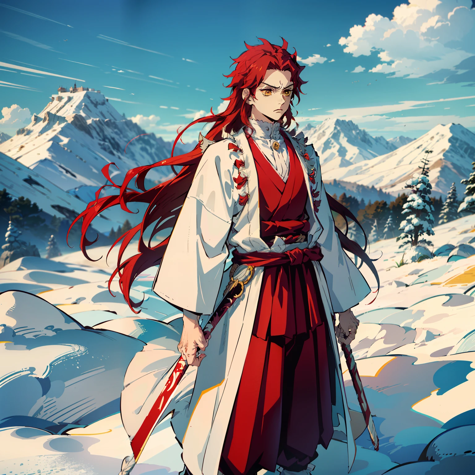 the anime, (Best Quality), 1 adult guy, stands still, (Wide body), (At the foot of the mountain), ((Disheveled red hair)), (Medium Hair), ((Impassive yellow eyes)), japanese clothes, Exposed white coat ((white with red frills)), ((hem at the waist)), The Art of the Demon Slayer, demon slayer artstyle, kimetsu no yaiba