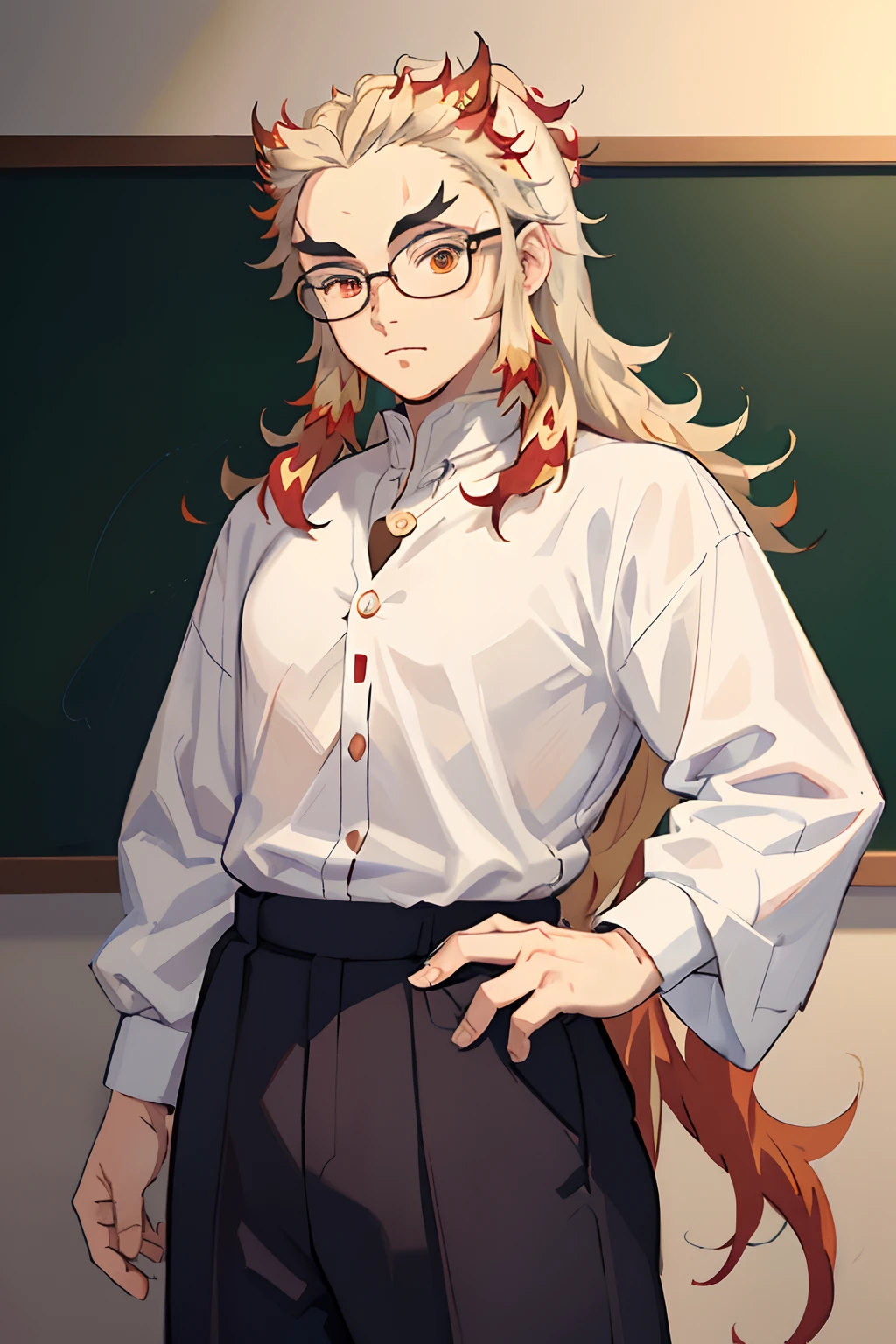 (Masterpiece, Best Quality:1.2), Cowboy shot, 独奏, male focus, 1 adult boy, Rengoku Kyojuro, indifferent look, looking a viewer, Long hair, ponnytail hair, Split eyebrows, blackboard, (((white  shirt))), with glasses on, abstraction, in full height