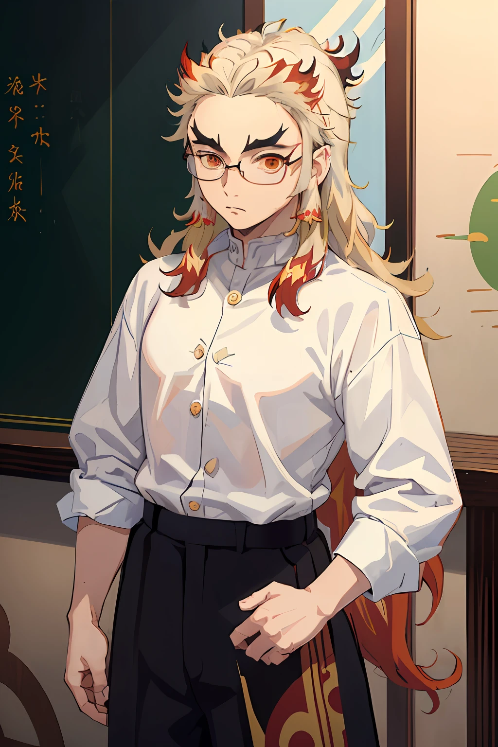 (Masterpiece, Best Quality:1.2), Cowboy shot, 独奏, male focus, 1 adult boy, Rengoku Kyojuro, indifferent look, looking a viewer, Long hair, ponnytail hair, Split eyebrows, blackboard, (((white  shirt))), with glasses on, abstraction, in full height