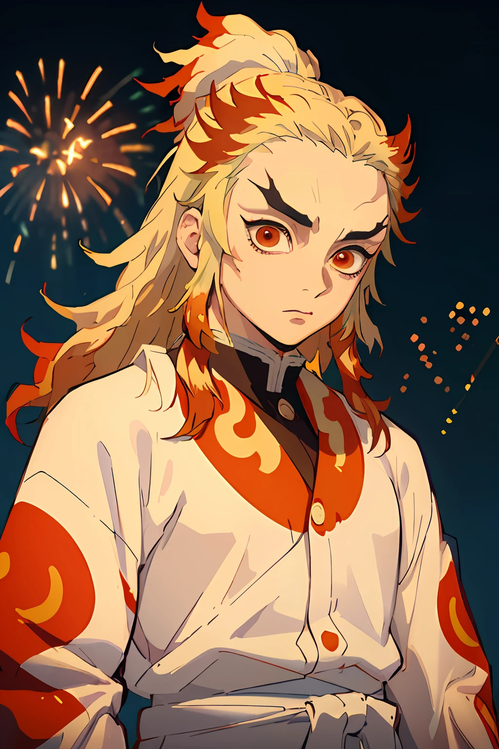 (Masterpiece, Best Quality:1.2), Cowboy shot, 独奏, male focus, 1 adult guy, Rengoku Kyojuro, sadness on the face, looking a viewer,  Long hair, high ponytail, Split eyebrows, white kimono with red print, Fireworks in the background, orange tones, A crowd of people in the background, full length