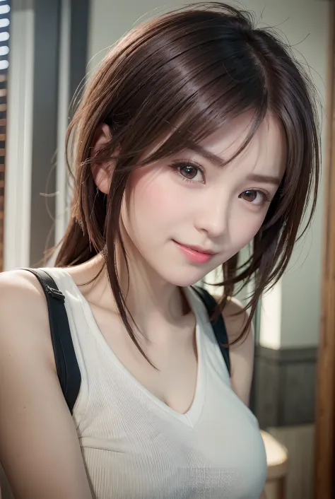 (8K、Photorealsitic、Raw photography、top-quality: 1.3)、(1girl in)、Super beauty、(Real Face)、(boyish、Berry shorthair in natural color)、T-shirt with rough chest、Entice your audience、Beautiful expression、Beautiful breasts、Lover's perspective、（real looking skin）、...