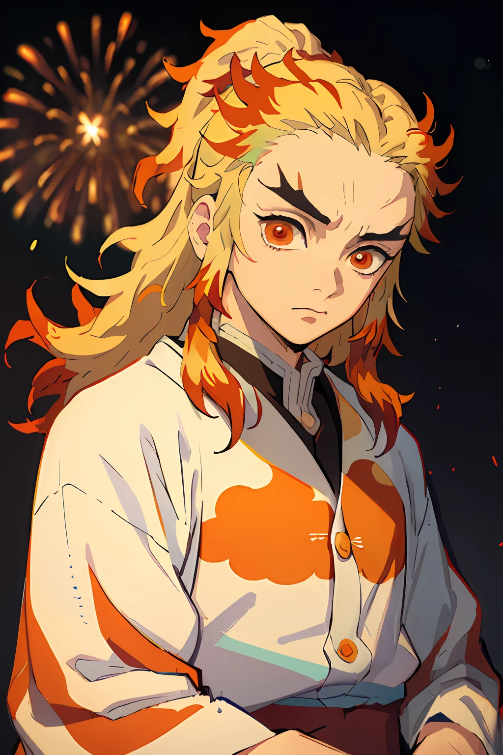 (Masterpiece, Best Quality:1.2), Cowboy shot, 独奏, male focus, 1 adult guy, Rengoku Kyojuro, sadness on the face, looking a viewer,  Long hair, high ponytail, Split eyebrows, white kimono with red print, Fireworks in the background, orange tones, A crowd of people in the background, full length