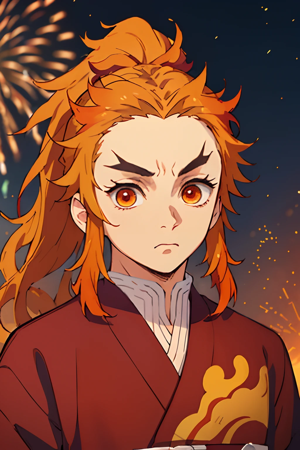 (Masterpiece, Best Quality:1.2), Cowboy shot, 独奏, male focus, 1boy, Rengoku Kyojuro, sadness on the face, looking a viewer,  Long hair, high ponytail, Split eyebrows, red kimono, (((portraite of a))), Fireworks in the background, orange tones