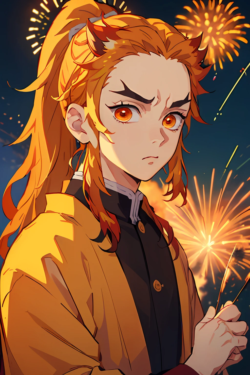 (Masterpiece, Best Quality:1.2), Cowboy shot, 独奏, male focus, 1boy, Rengoku Kyojuro, sadness on the face, looking a viewer,  Long hair, high ponytail, Split eyebrows, red kimono, (((portraite of a))), Fireworks in the background, orange tones