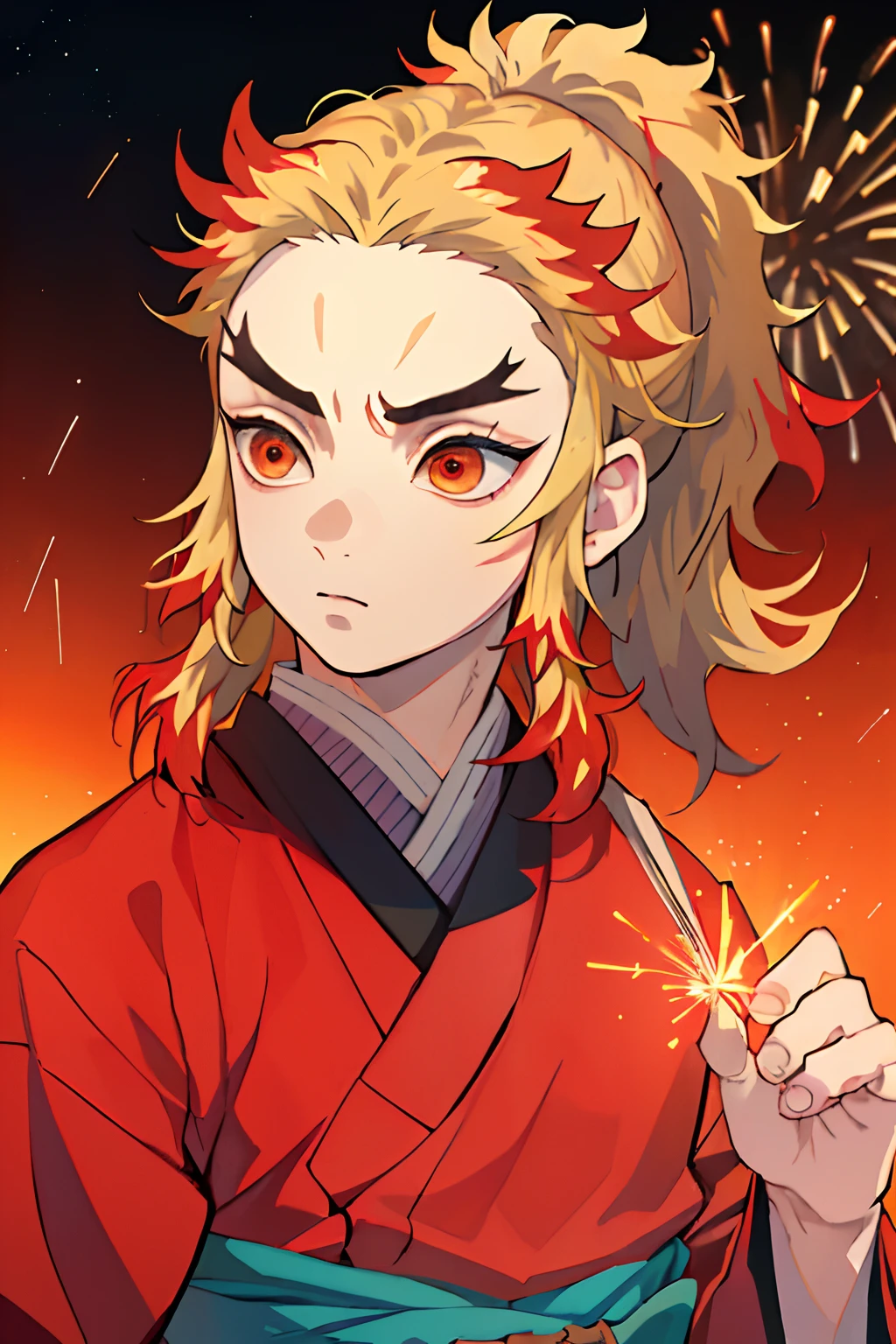 (Masterpiece, Best Quality:1.2), Cowboy shot, 独奏, male focus, 1boy, Rengoku Kyojuro, sadness on the face, looking a viewer,  Long hair, high ponytail, Split eyebrows, red kimono, (((portraite of a))), Fireworks in the background