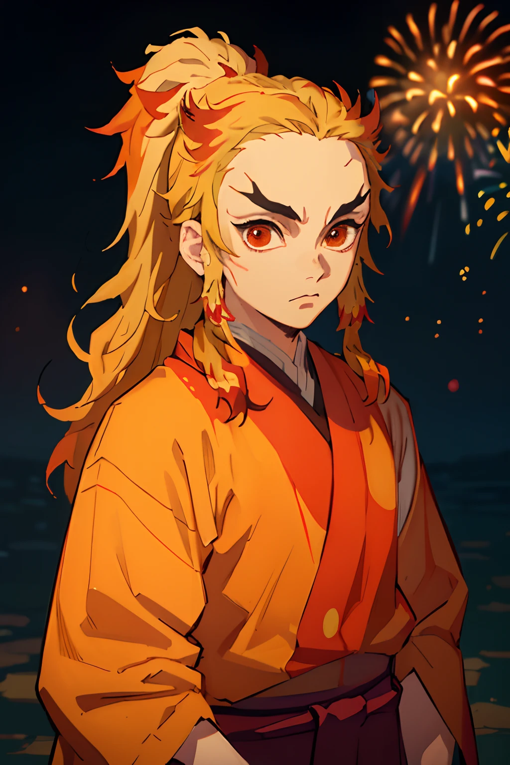 (Masterpiece, Best Quality:1.2), Cowboy shot, 独奏, male focus, 1boy, Rengoku Kyojuro, sadness on the face, looking a viewer,  Long hair, high ponytail, Split eyebrows, red kimono, (((portraite of a))), Fireworks in the background, orange tones