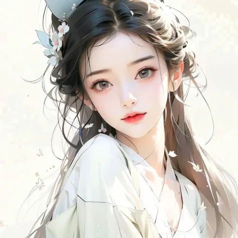 long whitr hair，Anime girl with white shirt and black hat, a beautiful anime portrait, Beautiful character painting, Guviz-style...