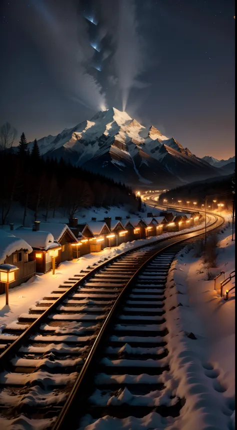 extreme light，snow mountains，Empty railway tracks spread out from the side of the mountain，paper lanterns，the night，lakes