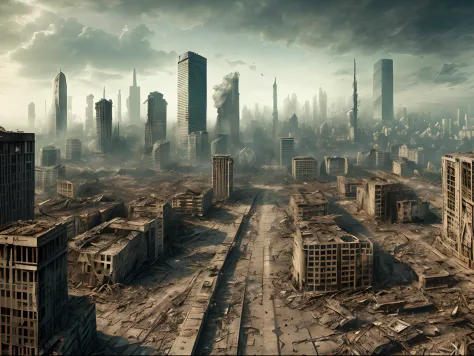 Urban destruction，destroyed city，destroyed city in background，Doomsday scenario，apocalyptic city，car wrecks, The right proportions,Abandoned, Collapsed high-rise buildings, com cores neutras,(Intricate details, ultra - detailed:1.2),  cinema shot, movie il...
