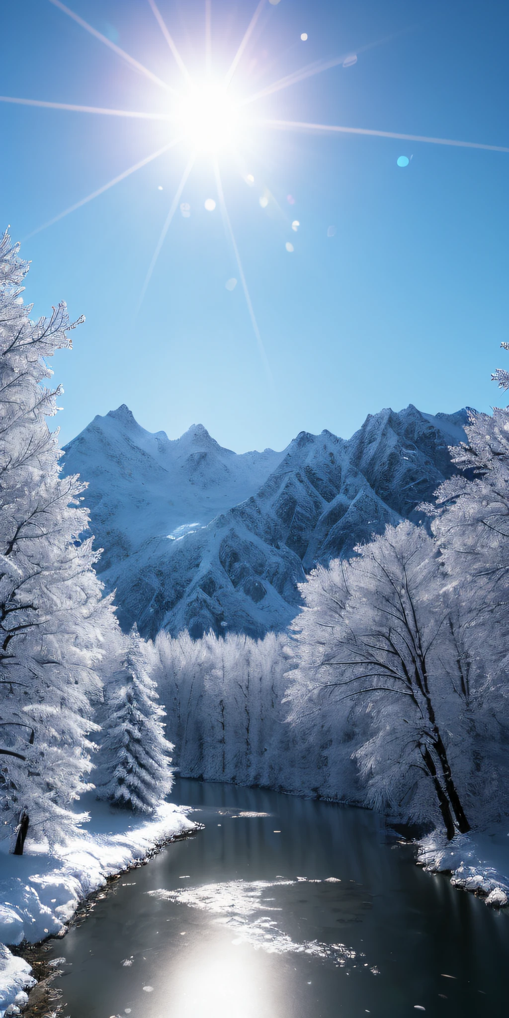 tmasterpiece，Best quality at best，high qulity，非常详细的 CG 统一 8k 壁纸，stillness，Cold climate，Peaceful beauty，snow mountains，yuki，lakes，Winters，tree branch，bokeh，Depth field, HDR, bloom, chromatic aberration, photorealistic, extremely detailed, popular on artstation, popular on CGsociety, complex, high detail, dramatic, art midway