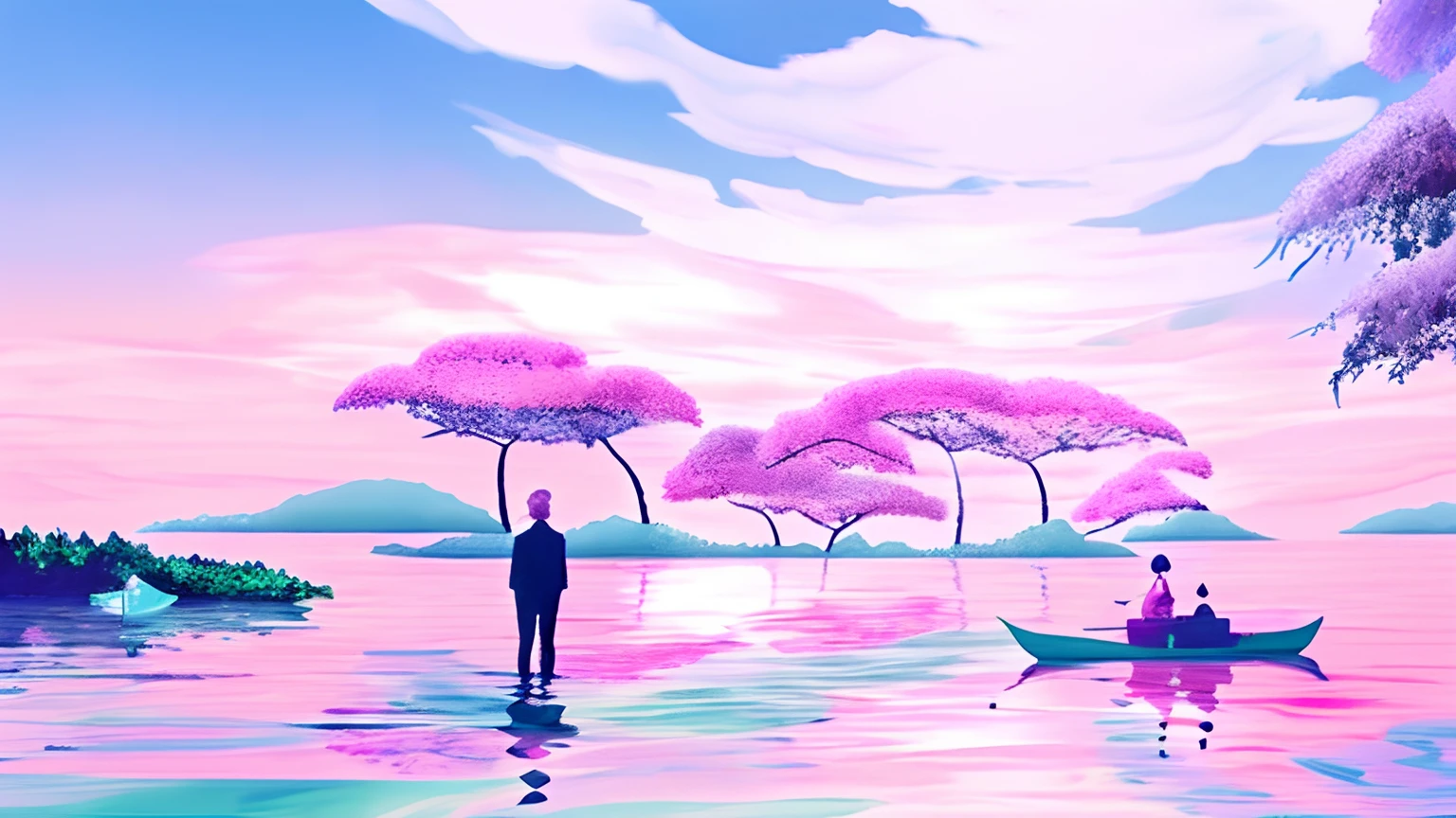 There is a painting on the lake，Men and women on boats on the lake, pink landscape, bubbly scenery, vaporwave surreal ocean, in a surreal dream landscape, ethereal landscape, Dreamy landscape, vaporwave wallpaper environment, surreal dream landscape, a surreal dream landscape, vaporwave ocean, surreal dreamscape, forest pink fog planet, vaporwave sunrise background, dreamy scenes