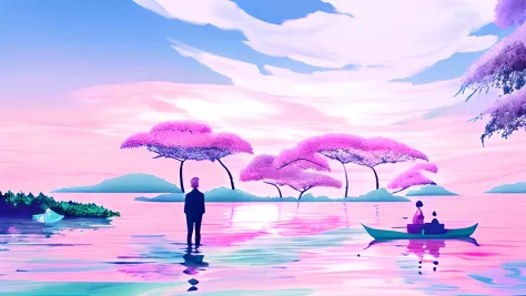 There is a painting on the lake，Men and women on boats on the lake, pink landscape, bubbly scenery, vaporwave surreal ocean, in a surreal dream landscape, ethereal landscape, Dreamy landscape, vaporwave wallpaper environment, surreal dream landscape, a sur...