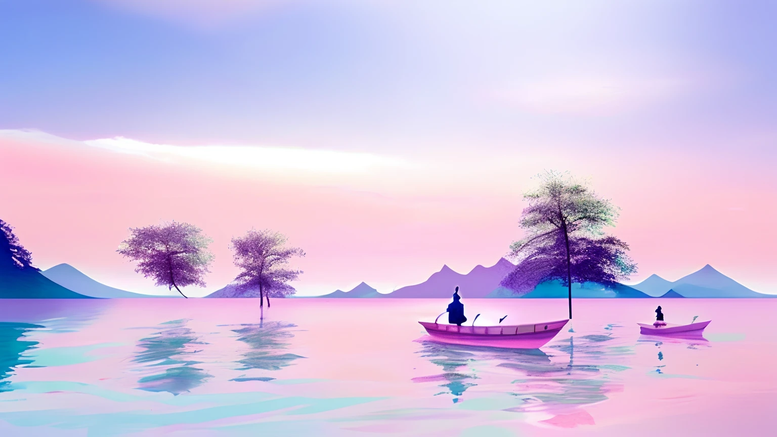 There is a painting on the lake，Men and women on boats on the lake, pink landscape, bubbly scenery, vaporwave surreal ocean, in a surreal dream landscape, ethereal landscape, Dreamy landscape, vaporwave wallpaper environment, surreal dream landscape, a surreal dream landscape, vaporwave ocean, surreal dreamscape, forest pink fog planet, vaporwave sunrise background, dreamy scenes