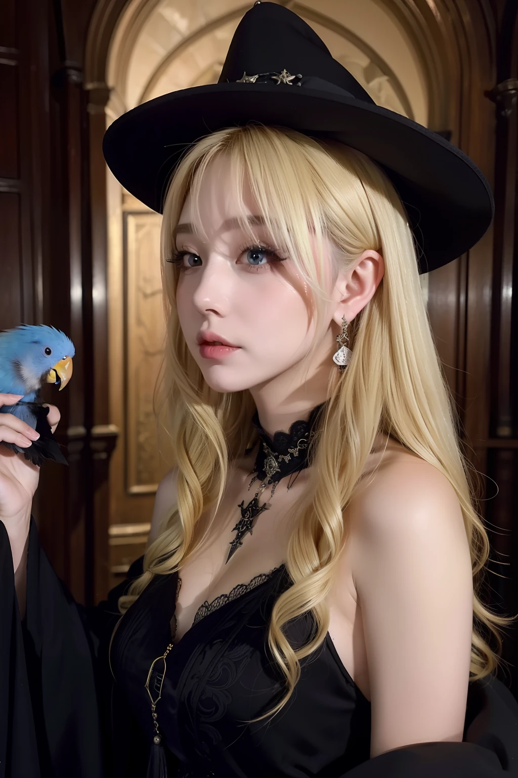 Gothic magic style，hogwarts style，Blonde hair, Side face girl,There is a parrot on the shoulder,A fantasy black wand,Black magic hat,Fantastic high quality。