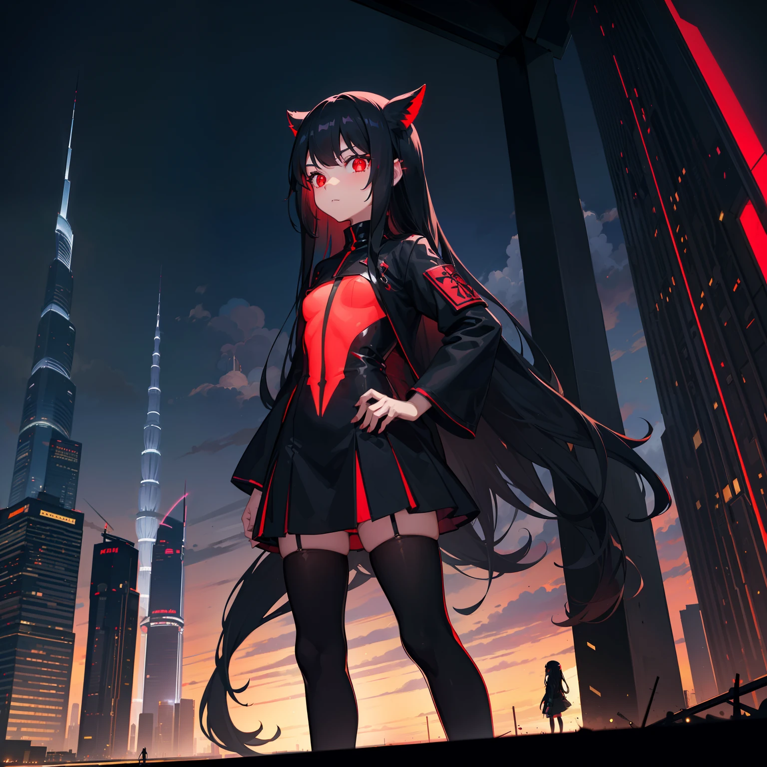 a loli with long black hair, glowing red eyes, small body, black suit, standing, Burj Khalifa scenery