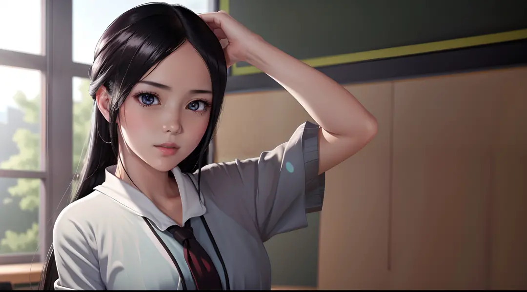 focused upper body, 1 girl, kaguya shinomiya, big bust, sparkling eyes, (((classroom background))), Colorful beautiful girl: bla...