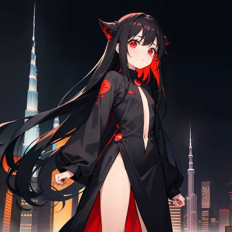 a loli with long black hair, glowing red eyes, small body, black suit, standing, Burj Khalifa scenery