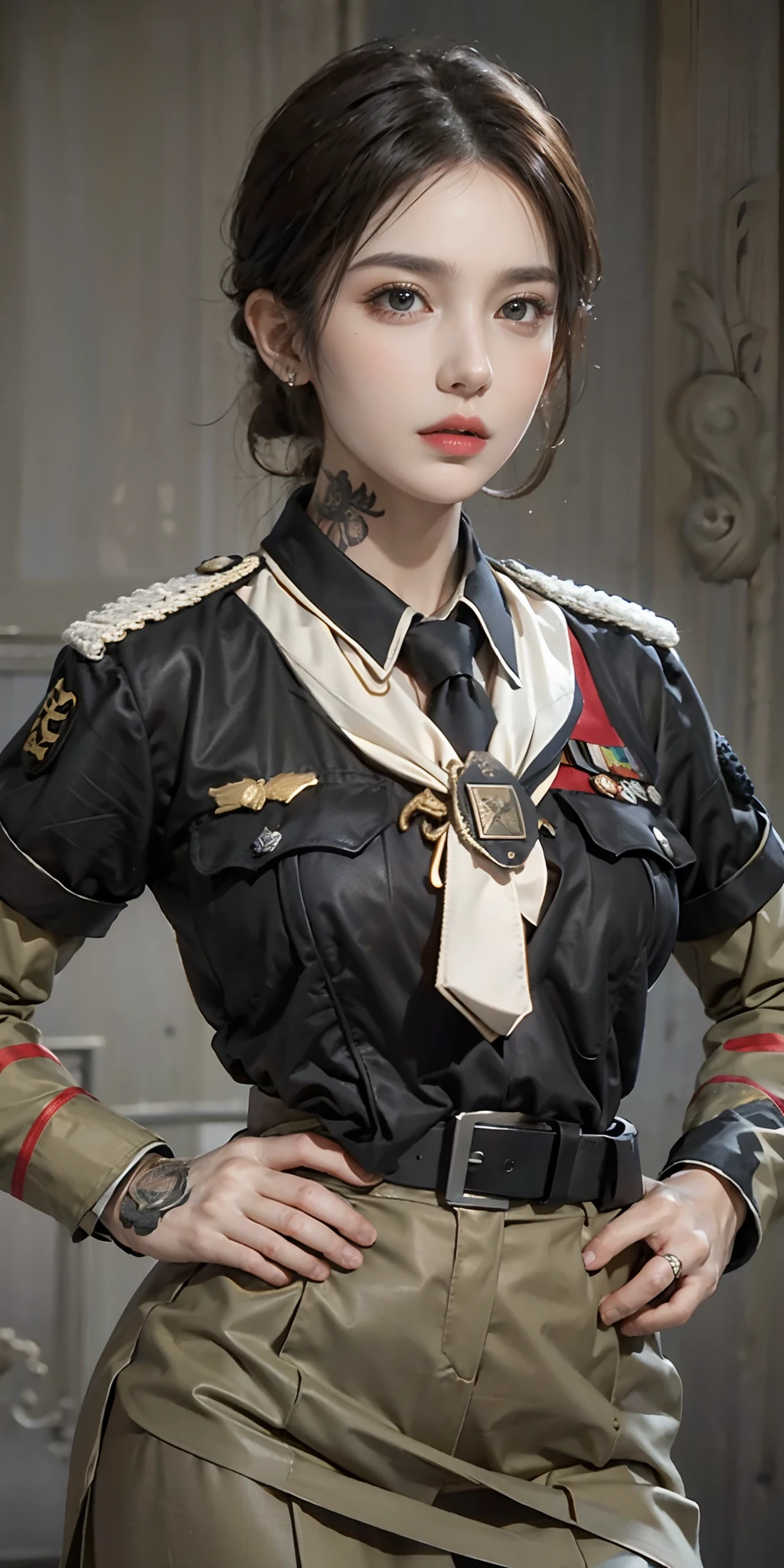 photorealistic, high resolution, soft light,1women, solo, hips up, (detailed face),tattoo, jewelry, badge, necktie, german/(military uniform/), pencil skirt