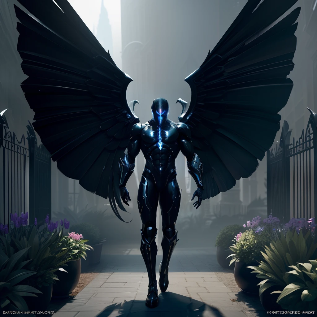 A man in a black suit with wings standing in front of a gate - SeaArt AI