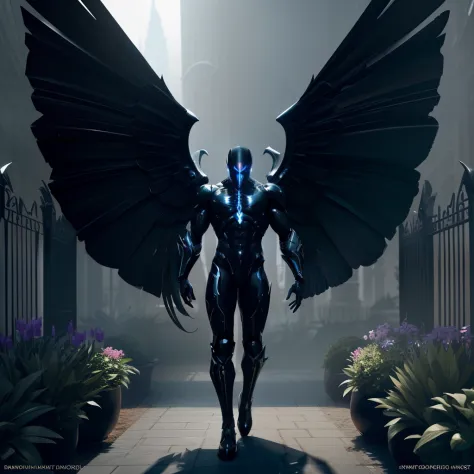 a black (noir) faceless humanoid male with giant wings, semi naked, muscular, in a colorful garden, garden background, horror entity with wings, male aeromorph, symmetrical epic dark fantasy creature, huge wings, wispy gigantic wings, dark feathered wings,...