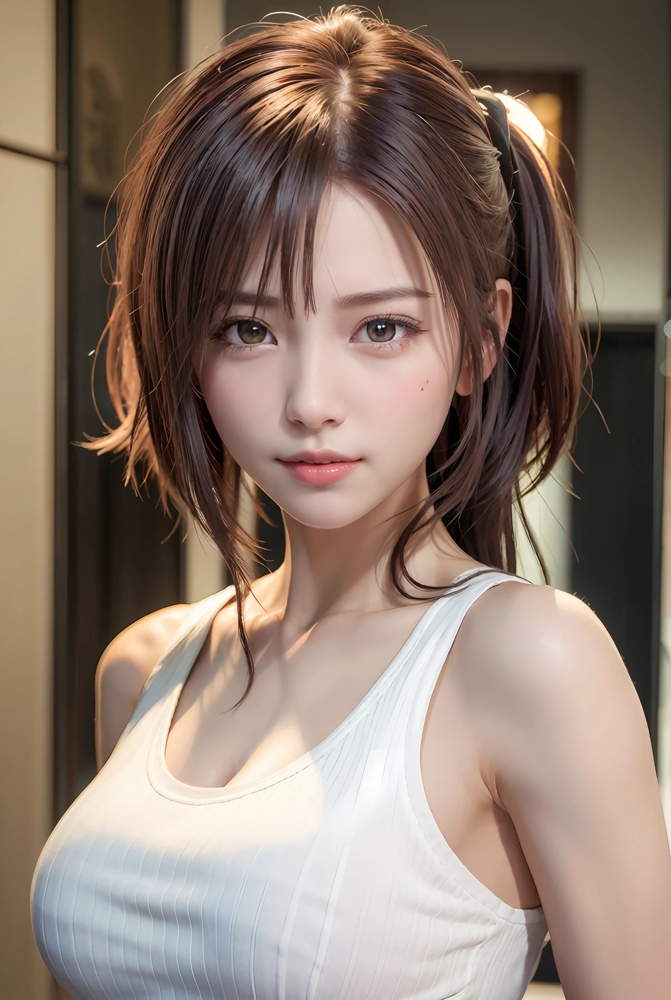 (8K、Photorealsitic、Raw photography、top-quality: 1.3)、(1girl in)、Super beauty、(Real Face)、(boyish、Berry shorthair in natural color)、T-shirt with rough chest、Entice your audience、Beautiful expression、Beautiful breasts、Lover's perspective、（real looking skin）、beautiful smiling face、（soldier）、enticing、超A high resolution、A hyper-realistic、high-detail、hanikami