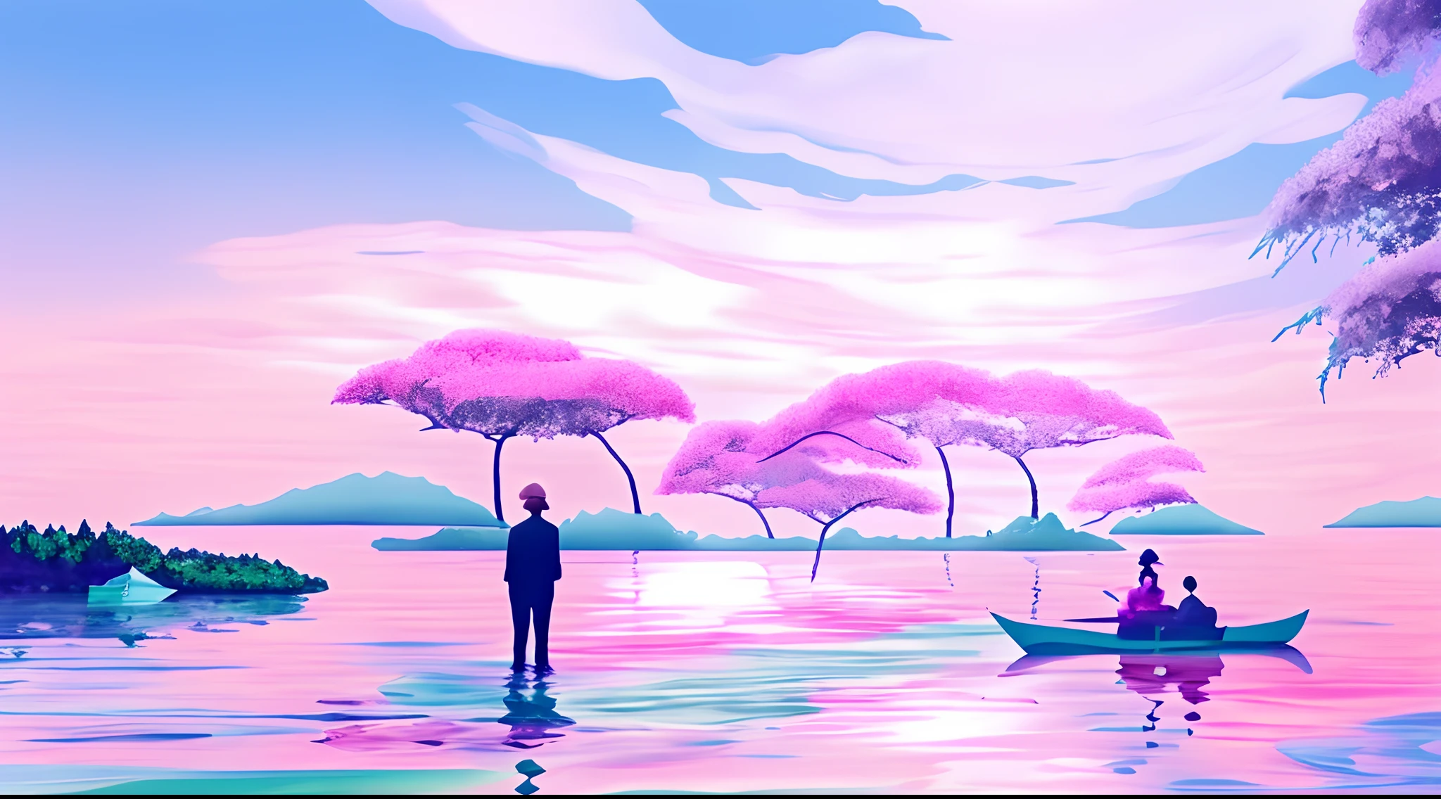 There is a painting on the lake，Men and women on boats on the lake, pink landscape, bubbly scenery, vaporwave surreal ocean, in a surreal dream landscape, ethereal landscape, Dreamy landscape, vaporwave wallpaper environment, surreal dream landscape, a surreal dream landscape, vaporwave ocean, surreal dreamscape, forest pink fog planet, vaporwave sunrise background, dreamy scenes