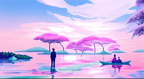 There is a painting on the lake，Men and women on boats on the lake, pink landscape, bubbly scenery, vaporwave surreal ocean, in a surreal dream landscape, ethereal landscape, Dreamy landscape, vaporwave wallpaper environment, surreal dream landscape, a sur...