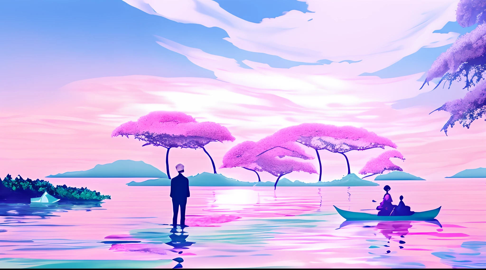 There is a painting on the lake，Men and women on boats on the lake, pink landscape, bubbly scenery, vaporwave surreal ocean, in a surreal dream landscape, ethereal landscape, Dreamy landscape, vaporwave wallpaper environment, surreal dream landscape, a surreal dream landscape, vaporwave ocean, surreal dreamscape, forest pink fog planet, vaporwave sunrise background, dreamy scenes