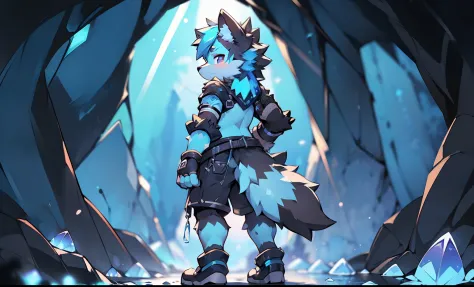 a wolf，((shota))，(((wear black fingerless gloves)))(cyanhair)，((solo person))，fluffy，((standing in a cave))，(illuminated by magi...