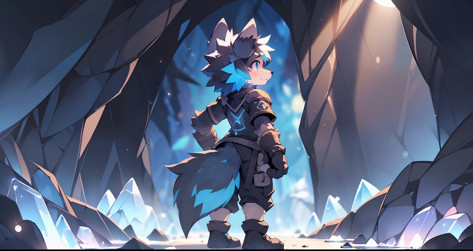 A wolf，((Shota))，(((Wear black fingerless gloves)))(cyanhair)，((solo person))，Fluffy，((Standing in a cave))，(Illuminated by magical lights)，((There are a lot of blue crystals around her))，((Extreme light and shadow))，(((Back shadow)))，(((Dark)))