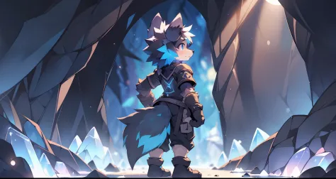 A wolf，((Shota))，(((Wear black fingerless gloves)))(cyanhair)，((solo person))，Fluffy，((Standing in a cave))，(Illuminated by magi...