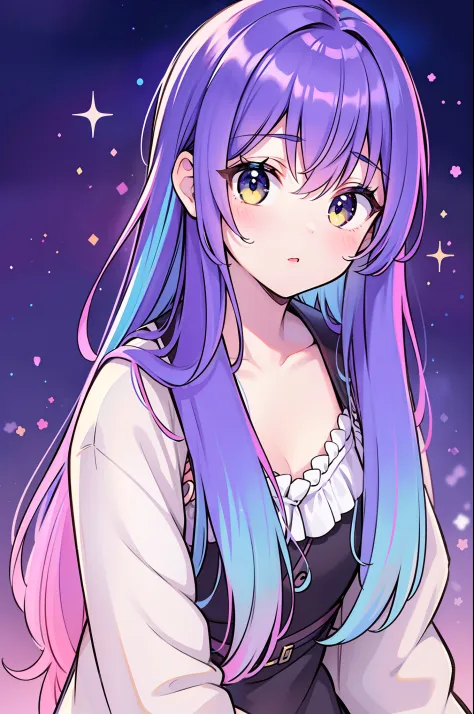 1girl, solo, cute, long light blue hair, classic bangs, rainbow streaks in hair, colorful saturated streaks in hair, saturated s...