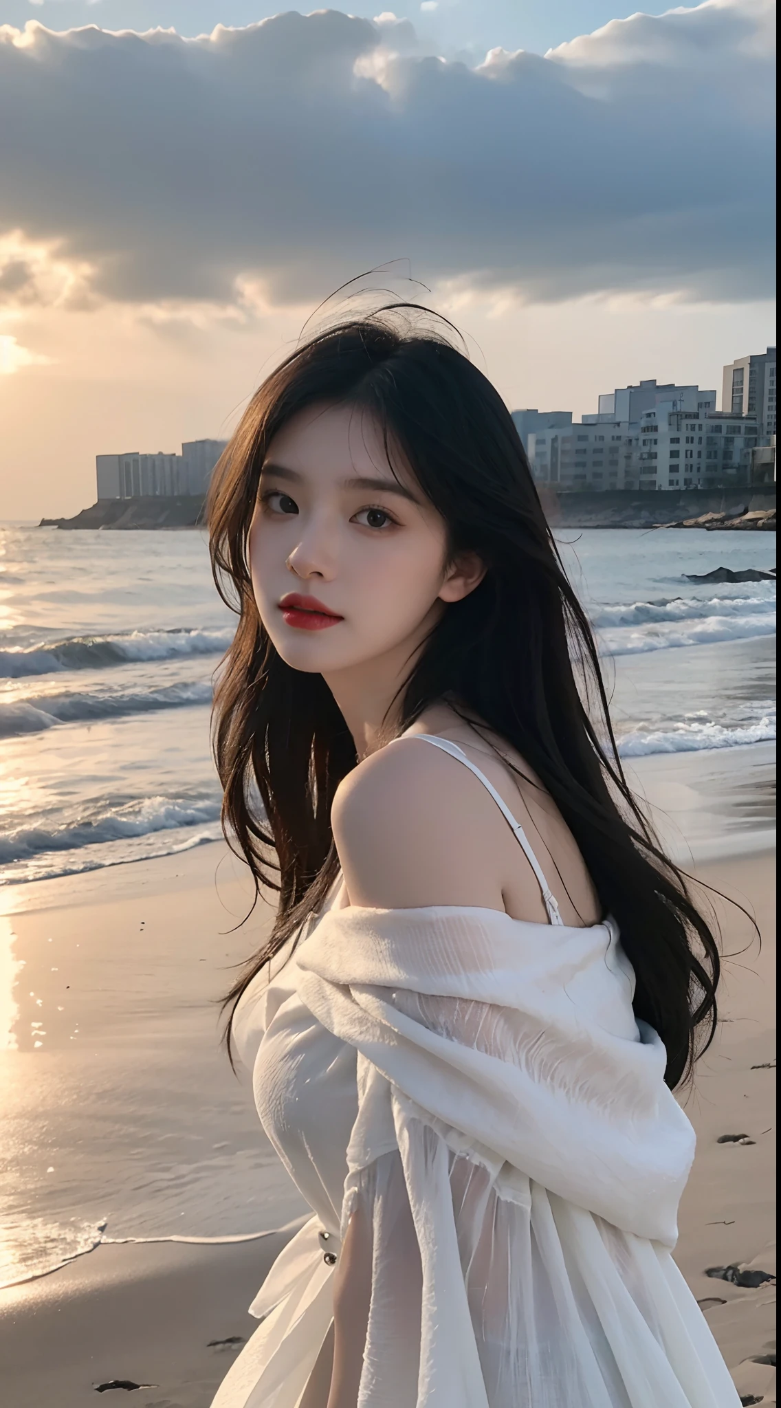 facing at camera，face to the viewer，standing on your feet，High picture quality，Works of masters，Kizi，Black hair，Long hair shawl，Long hair flowing over the shoulders，cropped shoulders，鎖骨，exquisite face，Hydrated red lips，white off shoulder dress clothes，鎖骨，facing at camera，A sad expression，Bust，Real Persono，（the sea，sandbeach），CG rendering，16k，Stand up，The night view was beautiful，A sad parting，hyper HD，The details were perfect，The picture is real，Extreme picture quality，Highest accuracy，8K resolution，Shades of darkness，8K, Yes ,Ultra HD,8K